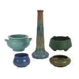 American Pottery, vases, two and three bowls, matte and glazed ceramic, each signed, comprising