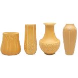 Rookwood Pottery, vases, four, Cincinnati, OH, Matte yellow glazed ceramic, each with impressed