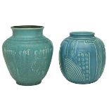 Rookwood Pottery, vase, #5232, Cincinnati, OH, 1931, incised and blue glazed ceramic, impressed