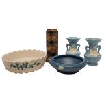 Ohio Arts & Crafts Pottery, vases, four and a low bowl, glazed ceramic, Weller, McCoy, Peters &