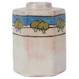 Saturday Evening Girls, Trees and Mountains Landscape tea caddy, Boston, MA, 1919, polychrome glazed