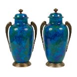 Paul Milet (1870-1950) for Sevres, lidded urns, pair, Paris, France, Flambe glazed porcelain, signed