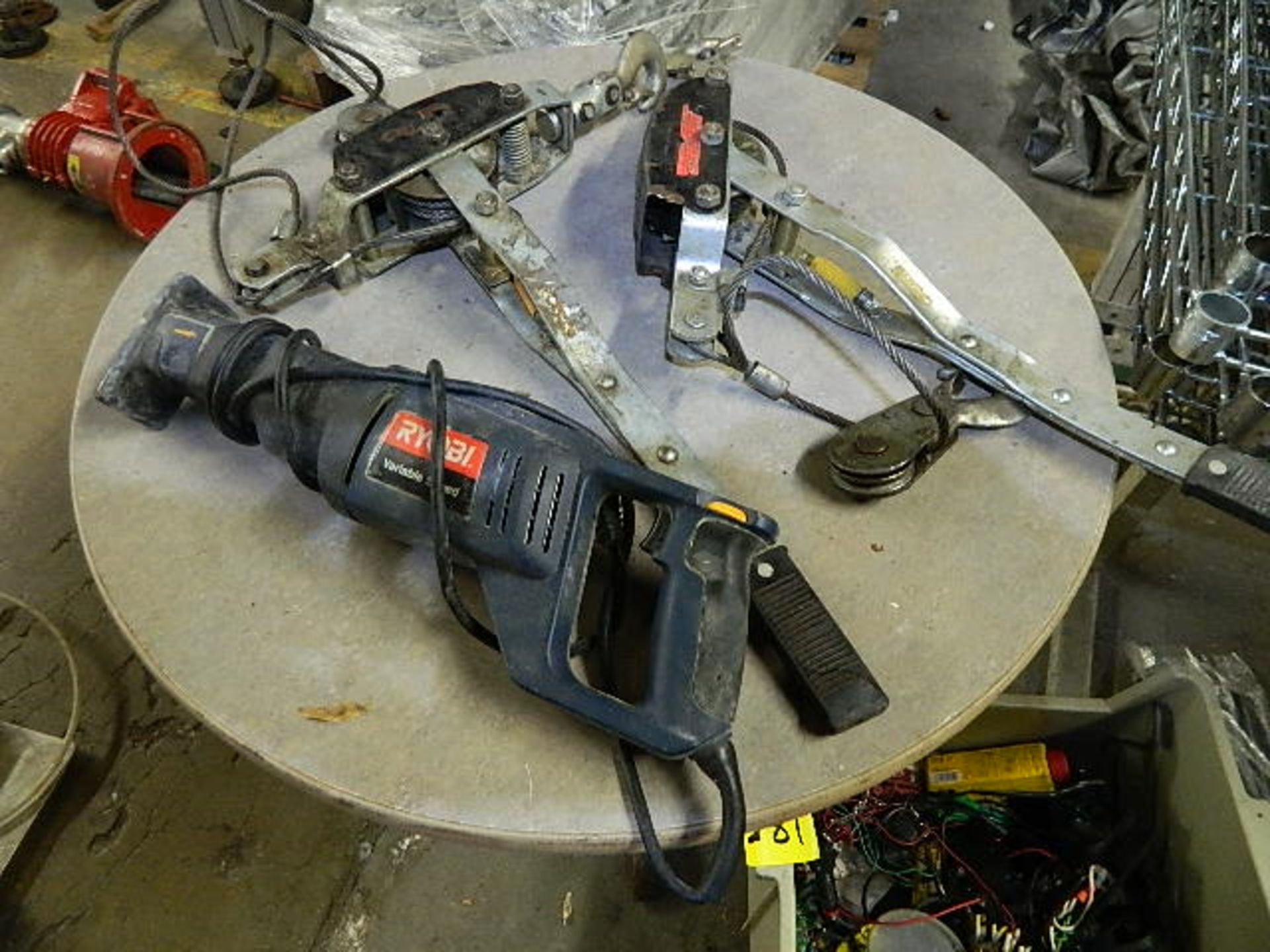 Tools. Lot Of 2 Come Alongs, Ryobi Sawsall 115 V., Rally 200 Watt Inverter, Misc. Electronic In Tub - Image 3 of 4