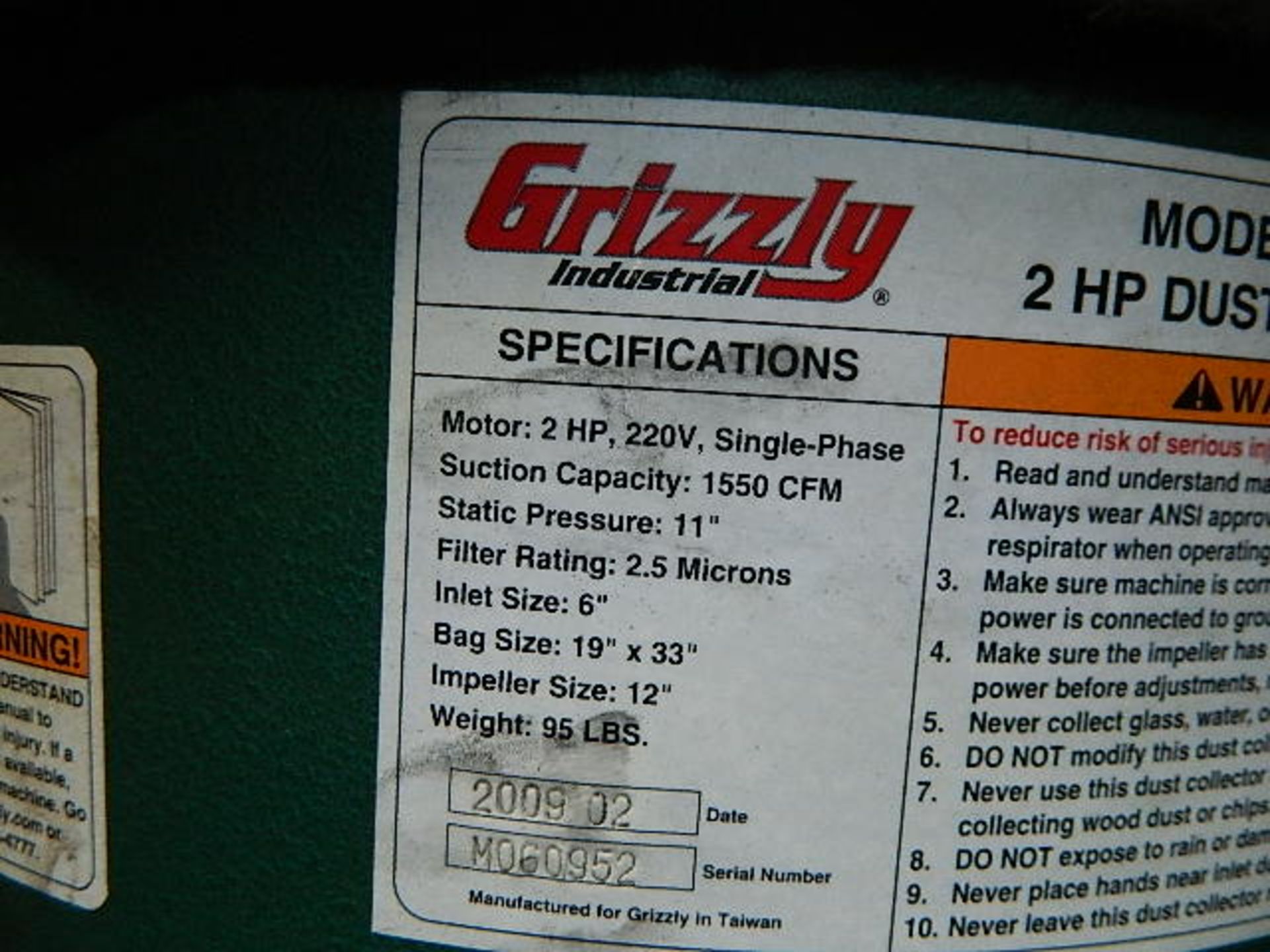 Grizzy Dust Collector 2 HP., M/N G1029Z - Image 4 of 5