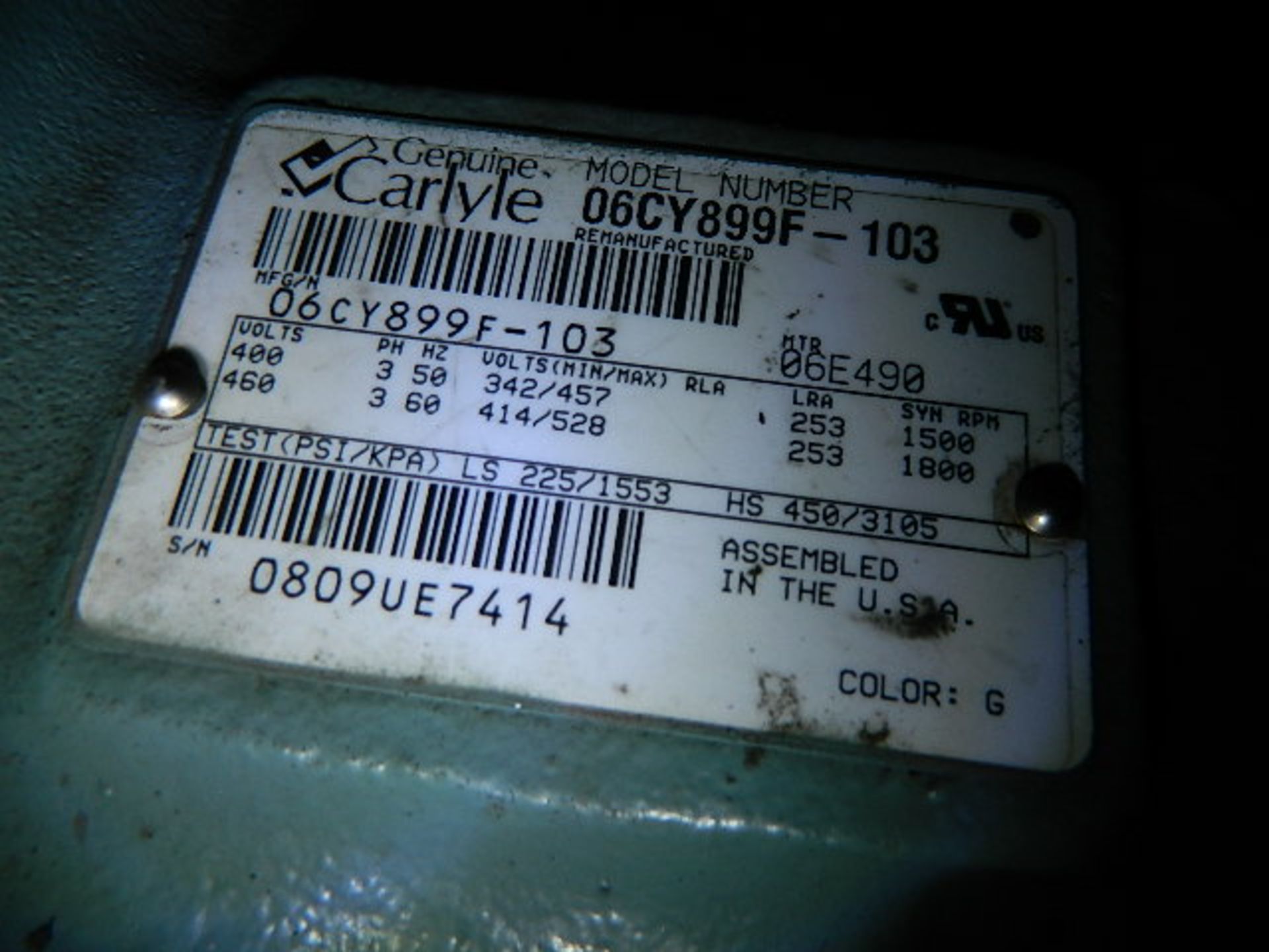 Carlyle Compressor 460 3 ph. 60 hz./400 3 ph. 50 hz., M/N 06CY899F-103, S/N 0809VE7414 - Image 4 of 8