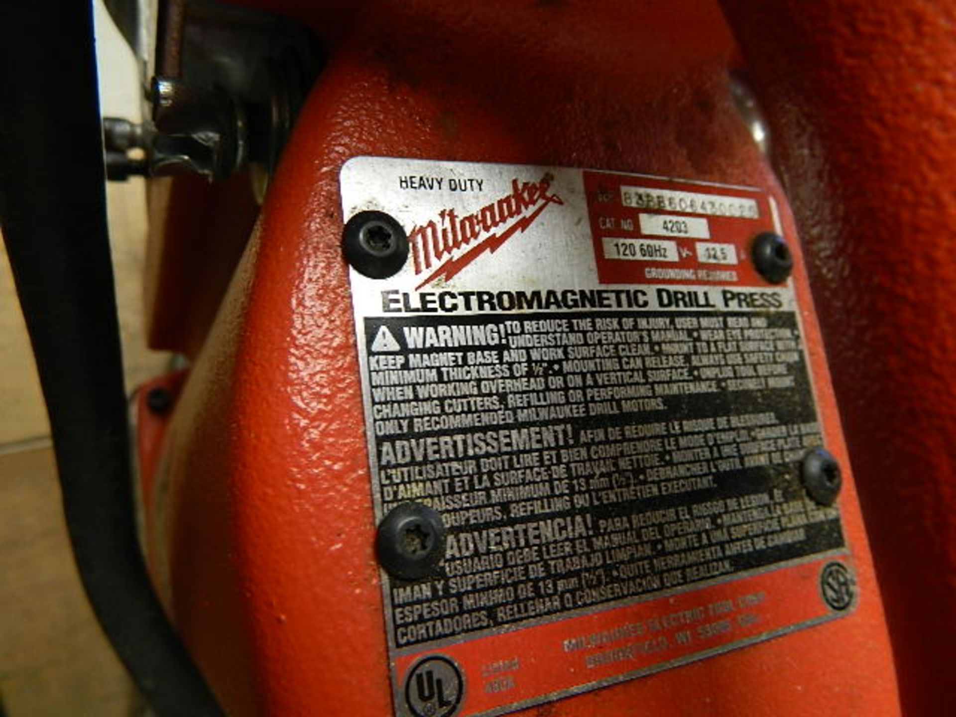 Milwaukee Electromagnetic Drill Press, CAT #4203, 11.5 A. Drill Motor 115V. (Note: Does not work has - Image 4 of 7