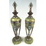 Pair French Champleve Enamel Bronze & Onyx Urns