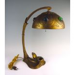 Rare Art Nouveau Chunk Jewel Bronze Lamp w Inkwell