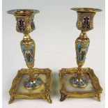 Pair of Champleve Enamel & Bronze Candlesticks