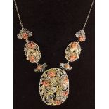 Chinese 18K Gold Filigree & Coral Necklace Insects