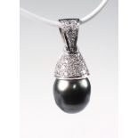 14K White Gold, Black Pearl and Diamond Pendant