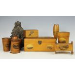 A selection of Mauchline ware, to include; a glass flask depicting the Forth Bridge, Market Rasen,