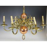 A Dutch style copper and brass six branch chandelier / electrollier,