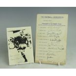 A 1947 England Vs Belgium signed Football Association team card, to inclue Frank Swift,