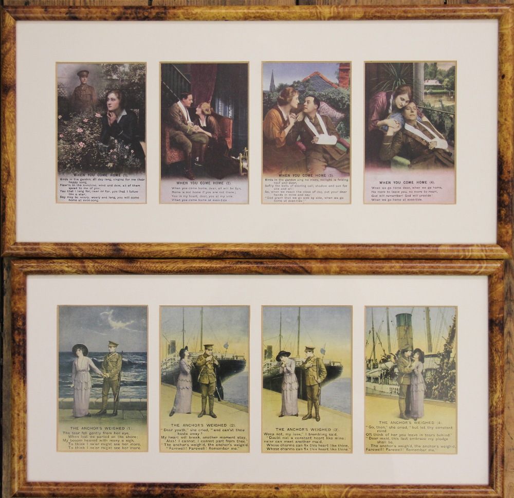 A framed set of WWI sweetheart postcards,