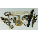 A quantity of costume jewellery and watches, to include; a freshwater pearl necklace,