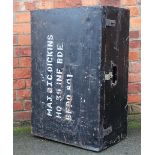 A tin army trunk with white lettering 'MAJ. D. J.C Dickins, HO 39 INF.