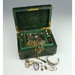 A selection of jewellery to a green leather jewellery box, to include; earrings, a Victorian brooch,