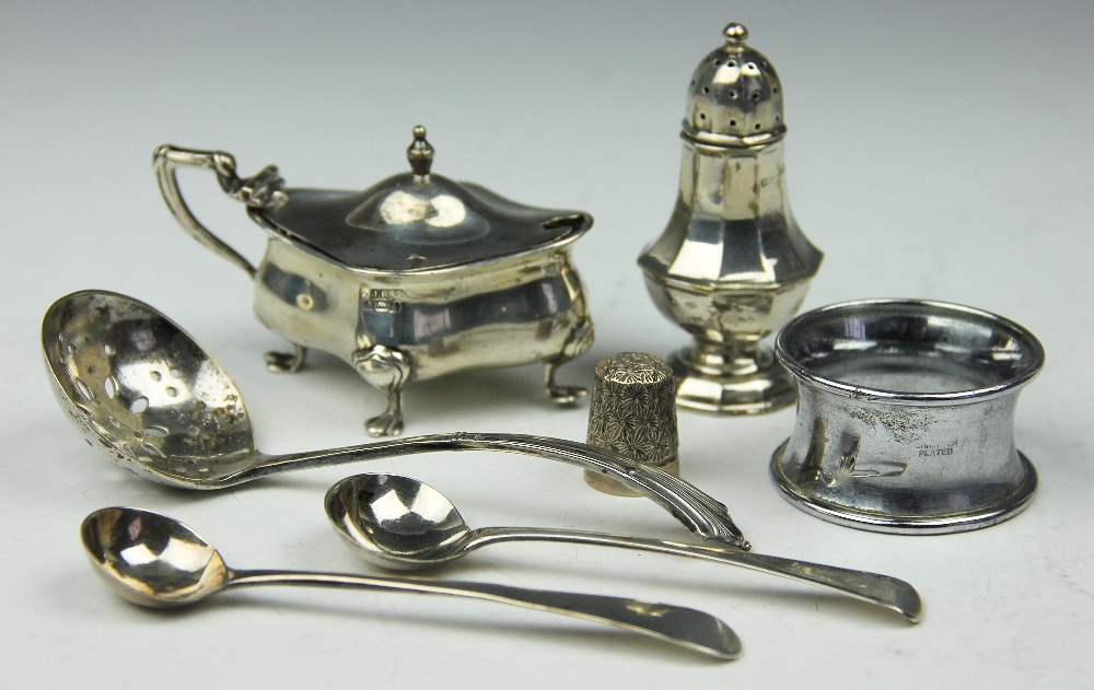 A small selection of silver and plate to include; a silver mustard, a silver pepperette,