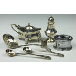 A small selection of silver and plate to include; a silver mustard, a silver pepperette,
