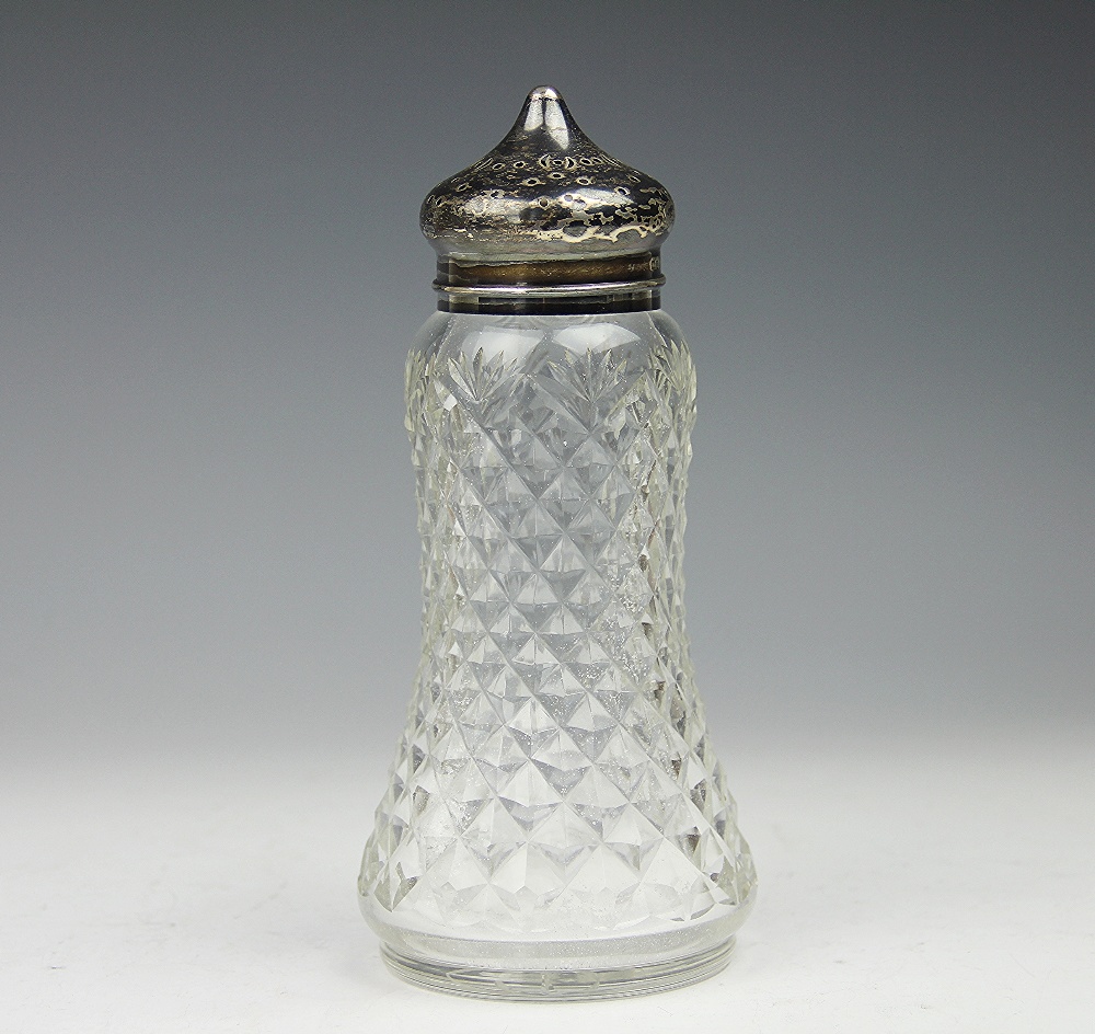 A silver topped and cut glass sugar sifter, John Grinsell and Sons Birmingham 1932,