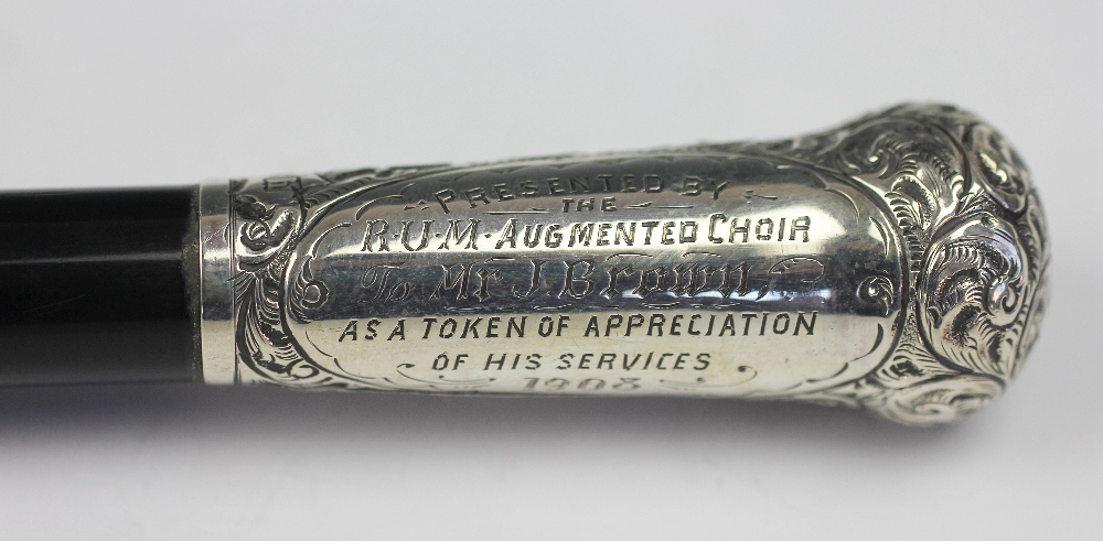 An Edwardian silver mounted prsentation swagger stick, Birmingham 1907, makers mark 'M B', - Image 3 of 3