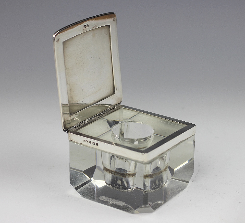 A silver topped Art Deco glass cube inkwell, Henry Matthews, Birmingham 1930, with canted corners, - Image 2 of 2