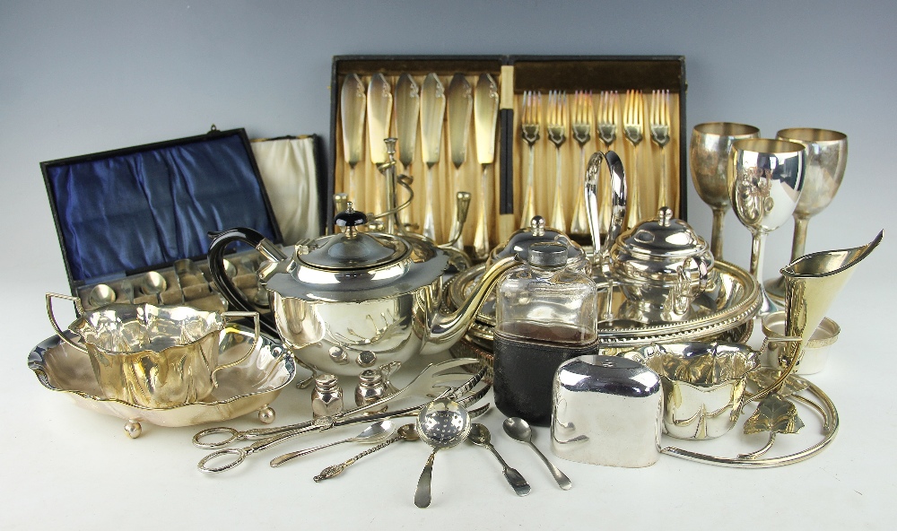 A selection of silver plated wares, to include; a leather mounted hip flask,