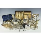 A selection of silver plated wares, to include; a leather mounted hip flask,