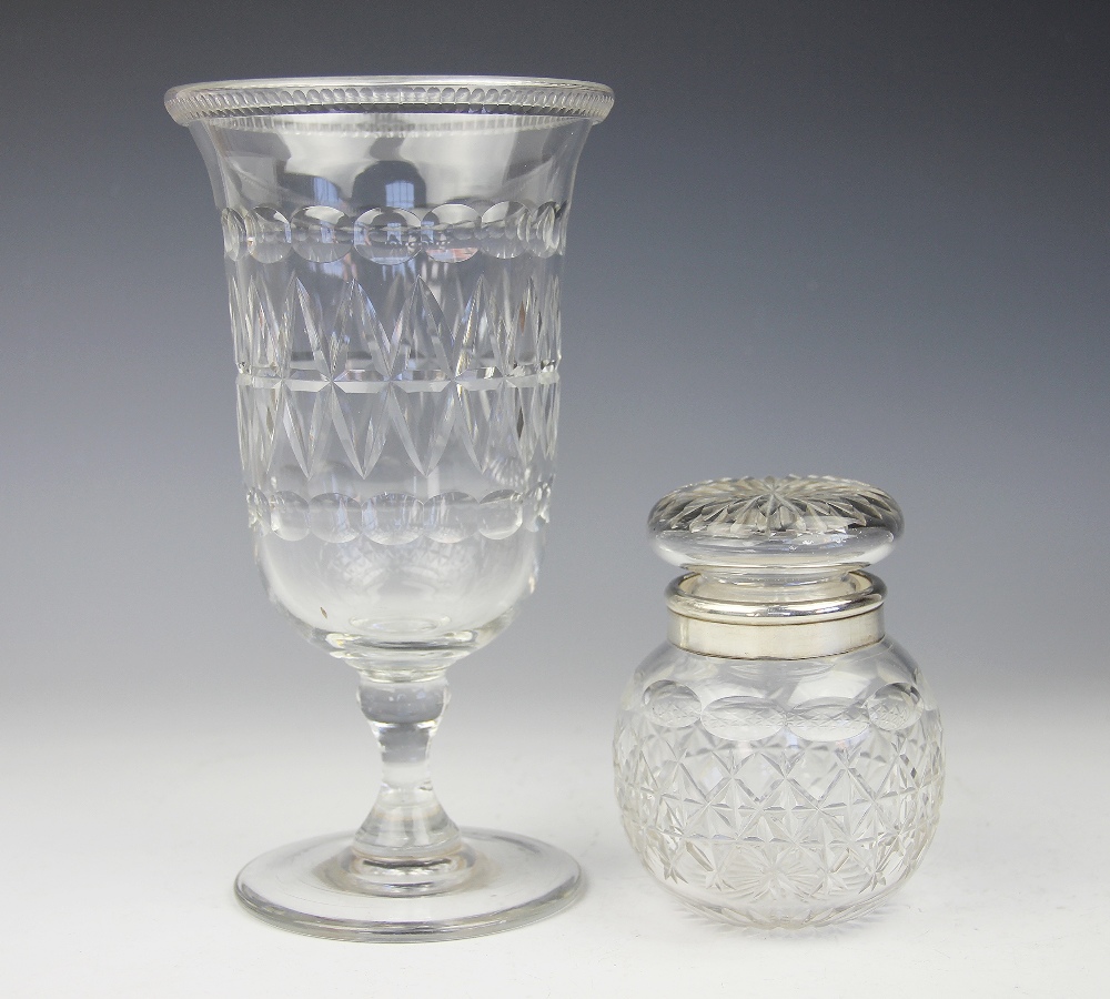 A silver mounted jar and cover, London 1915, with faceted detail, 12.