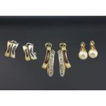 Three pairs of earrings, to include; a pair of bi-colour gold X form clip earrings, stamped '375',