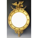 A Regency gilt wood and gesso circular wall mirror, with eagle surmount and convex mirror plate,