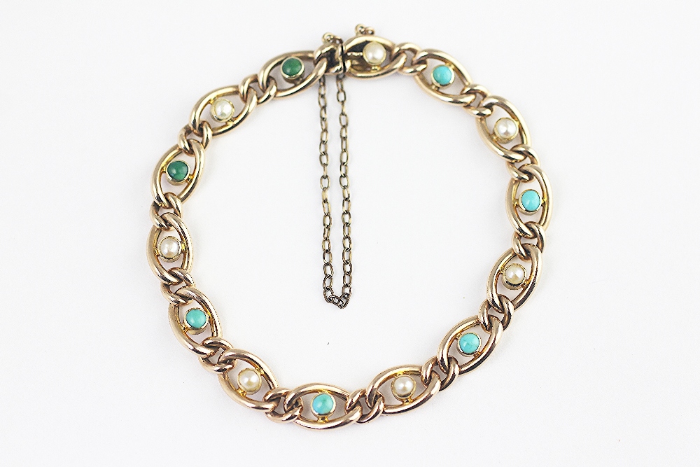 A turquoise and split seed pearl set bracelet, early 20th century, designed as curb links,