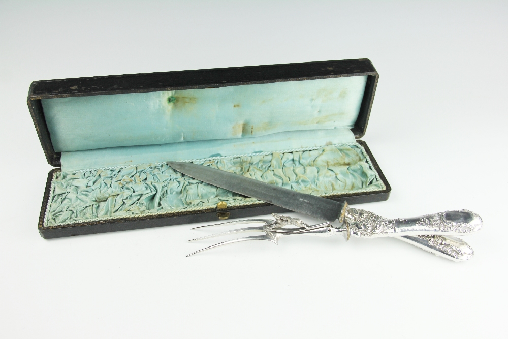 A cased continental 19th century white metal handled carving set, probably French, - Image 2 of 2