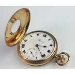 A 9ct gold half hunter pocket watch, Roman numeral dial signed 'Record',