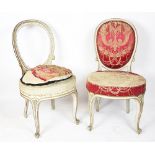 Five Louis XV style carved gilt wood and gesso salon chairs, with floral silk upholstery,