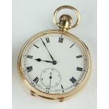 A 9ct gold pocket watch, enamel dial with Roman numerals and subsidiary seconds, case numbered 1810,
