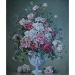 Thomas G Hill, Oil on canvas, Still life of roses and flowers in a white urn, Signed lower right,