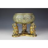 A 19th century cast brass bowl on stand,