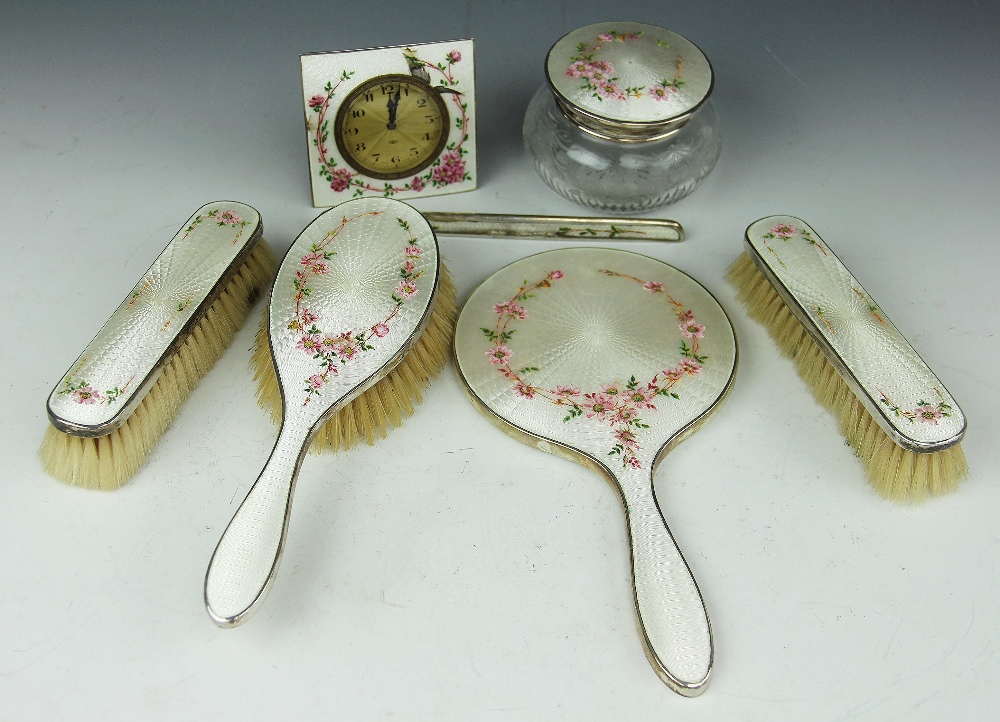 A George V silver and enamel seven piece dressing table set, - Image 2 of 2