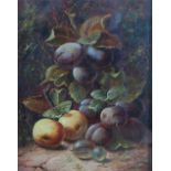Oliver Clare (1853-1927), Oil on board, Still life of plums, apples and gooseberries, Signed,
