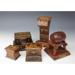 Five wooden table boxes / match dispensers, to include; an automatic barrel example,