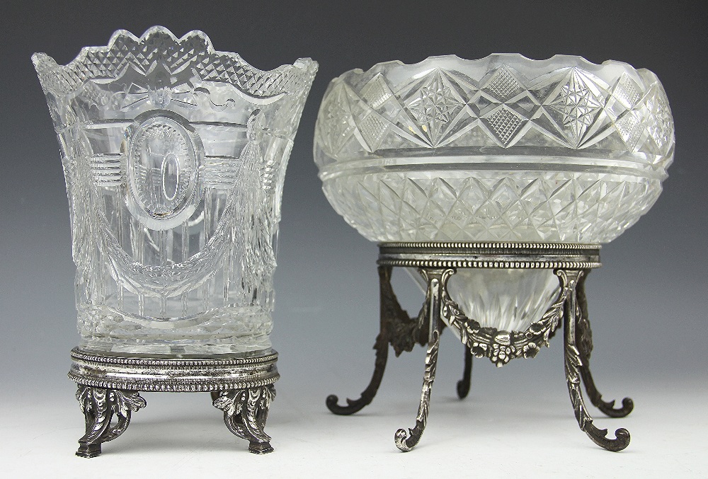 A 19th century cut glass centre piece bowl, on silver plated stand cast with floral swags, - Image 2 of 2