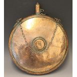 A large copper pilgrim type flask, of circular form, with lockable screw top and chain,