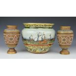 A Royal Doulton jardiniere, decorated with a continuous scene of galleons, ships and fish,