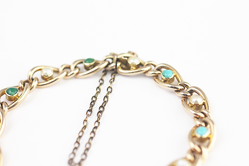 A turquoise and split seed pearl set bracelet, early 20th century, designed as curb links, - Image 2 of 2