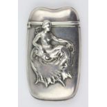 A white metal vesta case probably American, with cast mermaid and shell detail, engraved 'WM' verso,
