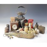 A miscellany of objects to include a vintage Railway signal mans lamp, an Ever Ready oak lamp,