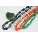 Four bead necklaces, to include; a moss agate, faceted carnelian,