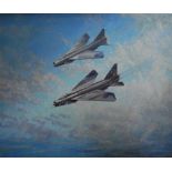 Thomas Symington Halliday (1902-1998), Oil on board, Two RAF Electric Lightnings in flight,